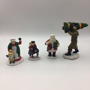 Set of 4 Christmas Village People Figures Santa Mrs. Claus Skaters Man Elf Tree